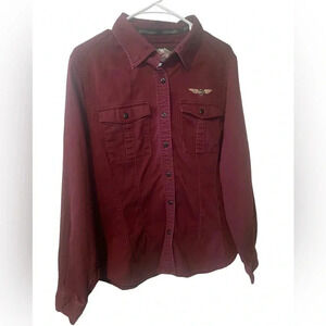 Harley-Davidson Vintage 2004 Gold Graphic Burgundy Button Up Shirt